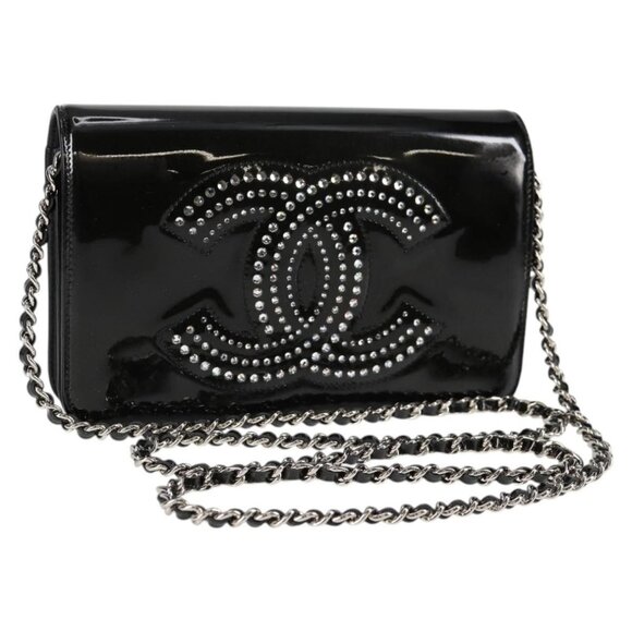 CHANEL Chain Shoulder Bag Enamel Black CC Auth - Picture 1 of 16